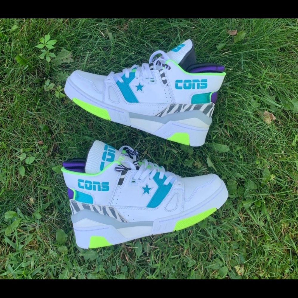 Converse white and neon colored high top sneakers